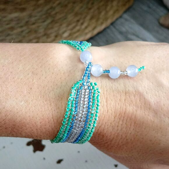 Aquamarine Gemstone Beaded Bracelet & Earring Set, Seed Bead Jewelry - Picture 6 of 7